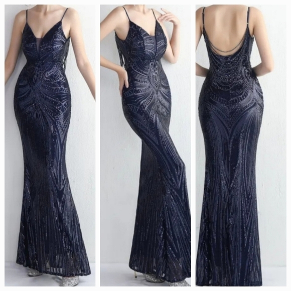 Navy, Geo Print, Sleeveless, Beaded Draped Back, Contrast Sequined Merm… - Picture 2 of 13